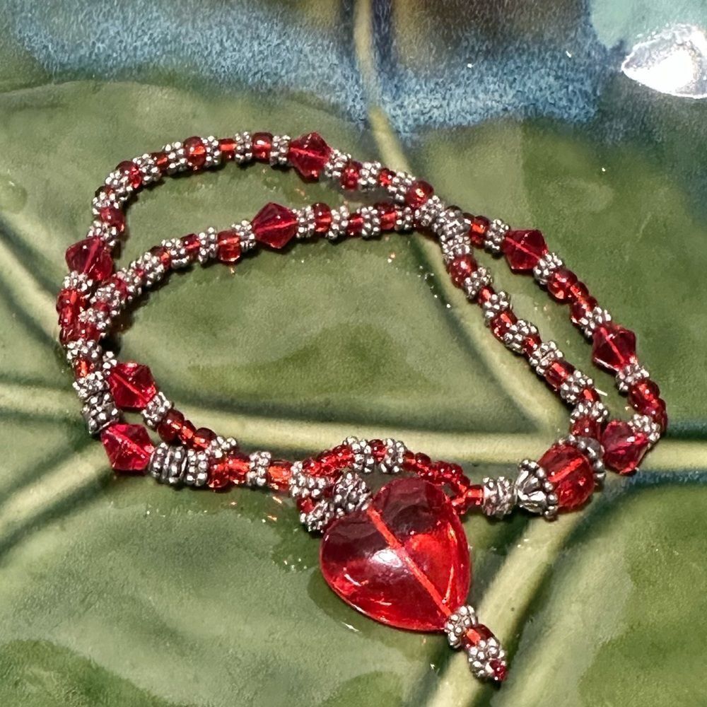Handcrafted Lampwork Bead Red Bracelet 7-8” Artisan Glass Heart Closure